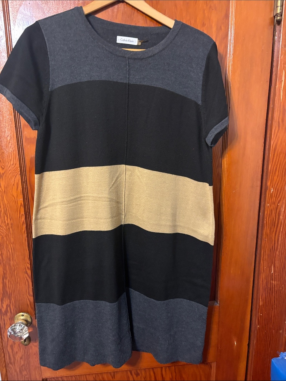 Calvin Klein Black, Gray & Gold Stripe Knit Dress
